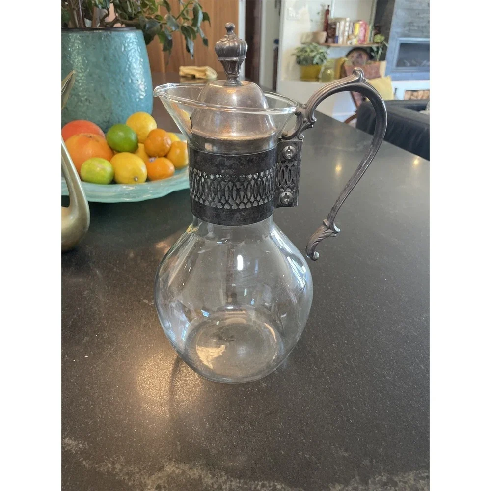 Vintage Corning Brand Glass Coffee/Tea Heat Proof Carafe‎ Silver Plated Pitcher